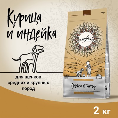 Craftia NATURA Сухой корм для щенков средних и крупных пород из курицы и индейки 2 кг.