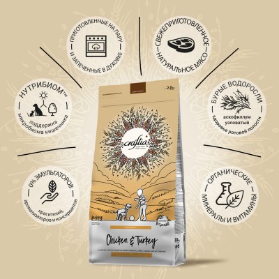 Craftia NATURA Сухой корм для щенков средних и крупных пород из курицы и индейки 2 кг.