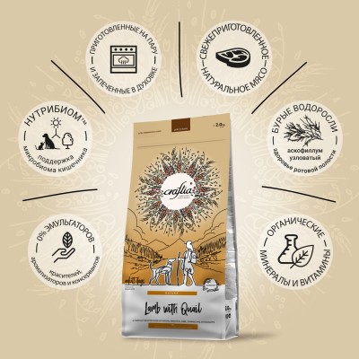 Craftia NATURA Сухой корм для взрослых собак средних и крупных пород из ягненка с перепелкой 2 кг.