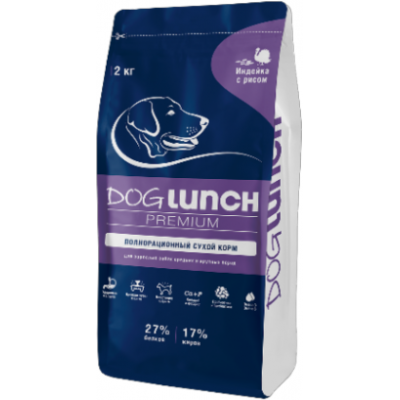 Dog Lunch Premium Сухой корм для собак средних и крупных пород с индейкой и рисом 2 кг.