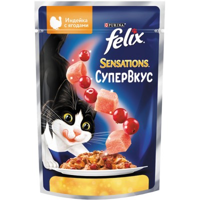 Felix Sensations Влажный корм Супервкус для кошек со вкусом индейки и ягод в желе 75 гр