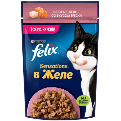FELIX® Sensations Влажный корм для взрослых кошек с лососем в желе с добавлением трески 75 гр
