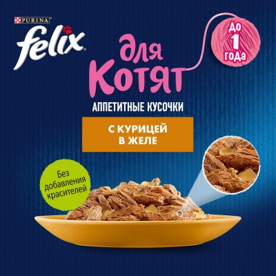 FELIX® Влажный корм Аппетитные кусочки для котят с курицей в желе 75 гр