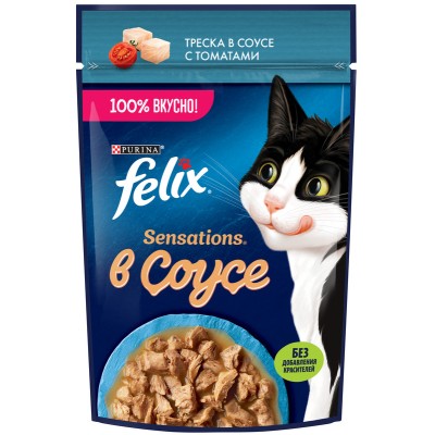 FELIX® Sensations Влажный корм для взрослых кошек с треской в соусе с томатами 75 гр