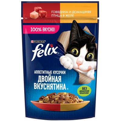 FELIX® Влажный корм Аппетитные кусочки, Двойная вкуснятина для взрослых кошек с говядиной и домашней птицей в желе 75 гр