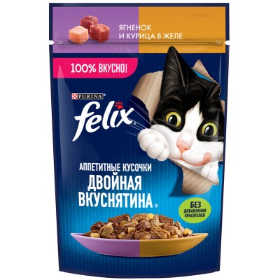 FELIX® Влажный корм Аппетитные кусочки, Двойная вкуснятина для взрослых кошек с ягненком и курицей в желе 75 гр