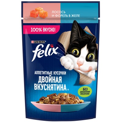 FELIX® Влажный корм Аппетитные кусочки, Двойная вкуснятина для взрослых кошек с лососем и форелью в желе 75 гр