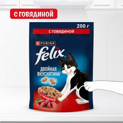Felix Сухой корм Двойная вкуснятина для взрослых кошек мясо 200 гр