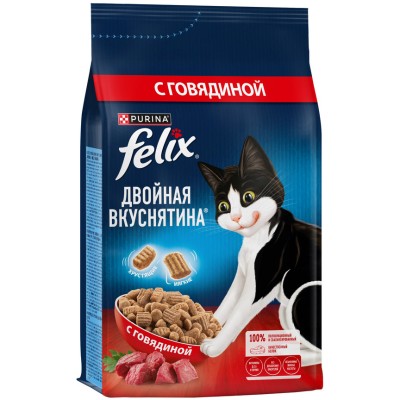 Felix Сухой корм Двойная вкуснятина для взрослых кошек мясо 1.3 кг.