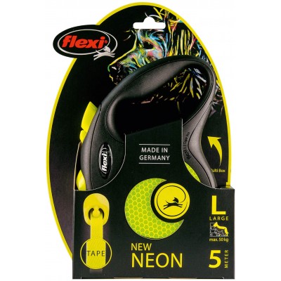 Flexi рулетка New Neon Classic L (до 50 кг) лента 5 м, светоотражающая, желтый неон