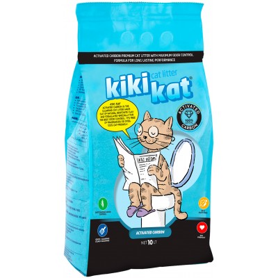 KikiKat Бентонитовый наполнитель для кошачьего туалета супер-белый комкующийся "Активированный уголь" 10 л.