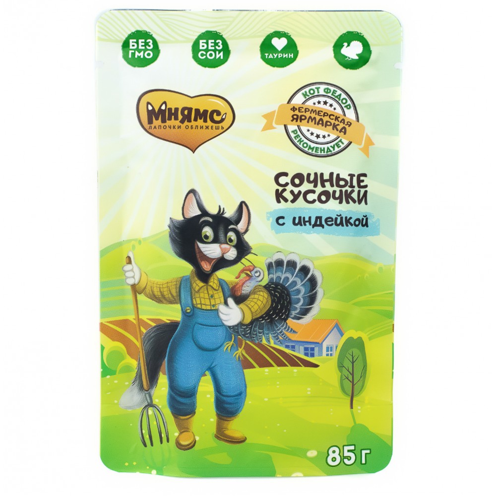 Мнямс Влажный корм сочные кусочки для кошек с индейкой «Фермерская ярмарка» линия Кот Федор 85гр.