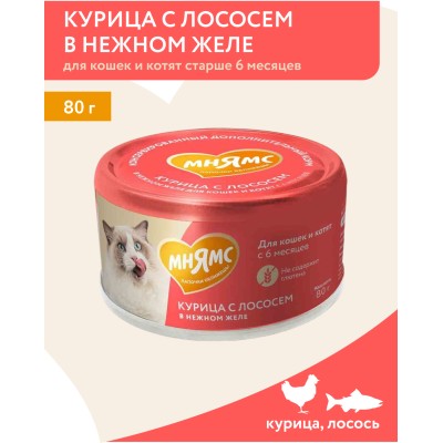 Мнямс На каждый день Влажный корм для кошек и котят старше 6 месяцев курица с лососем в нежном желе 80 гр