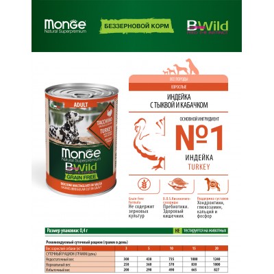 Monge Dog BWild GRAIN FREE беззерновые консервы из индейки с тыквой и кабачками для взрослых собак всех пород 400 гр.