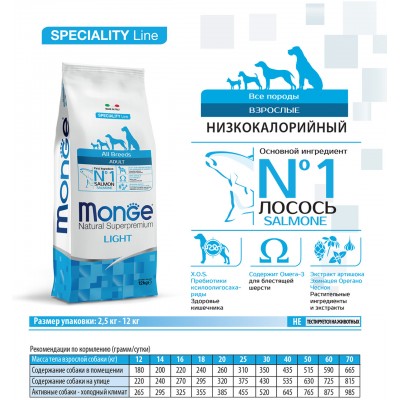 Monge Dog Speciality Light корм для собак всех пород низкокалорийный лосось с рисом 2,5 кг.