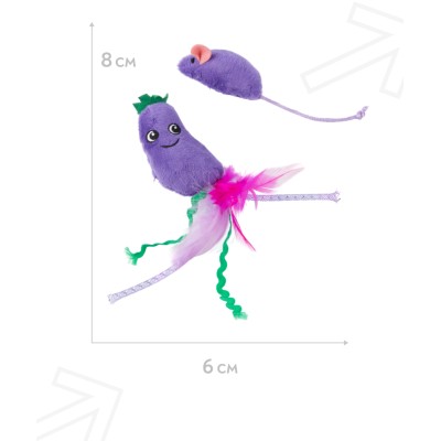 Игрушка Mr.Kranch для кошек Баклажанчик и Мышка плюшевая с кошачьей мятой и перышками 19 см фиолетовая