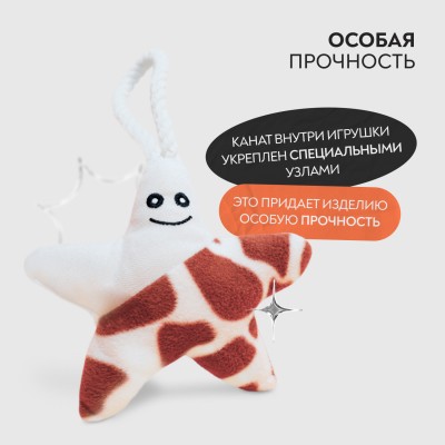 Mr.Kranch Игрушка для собак мелких и средних пород Звездочка с канатом и пищалкой 26х16х5см, бежево-пятнистая