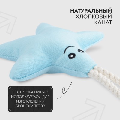 Mr.Kranch Игрушка для собак мелких и средних пород Звездочка с канатом и пищалкой 26х16х5см, нежно-голубая