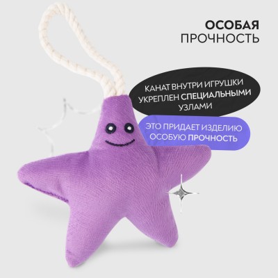 Mr.Kranch Игрушка для собак мелких и средних пород Звездочка с канатом и пищалкой 26х16х5см, фиолетовая