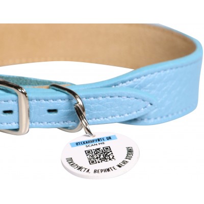 Mr.Kranch Ошейник для собак из натуральной кожи с QR-адресником, 30-35 см. нежно-голубой