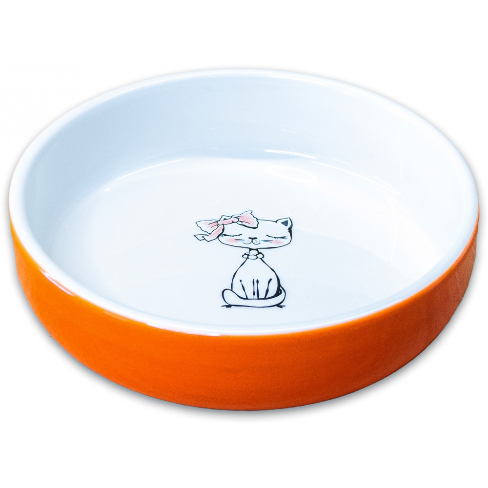 Mr.Kranch Миска керамическая для кошек Кошка с бантиком 370 мл оранжевая