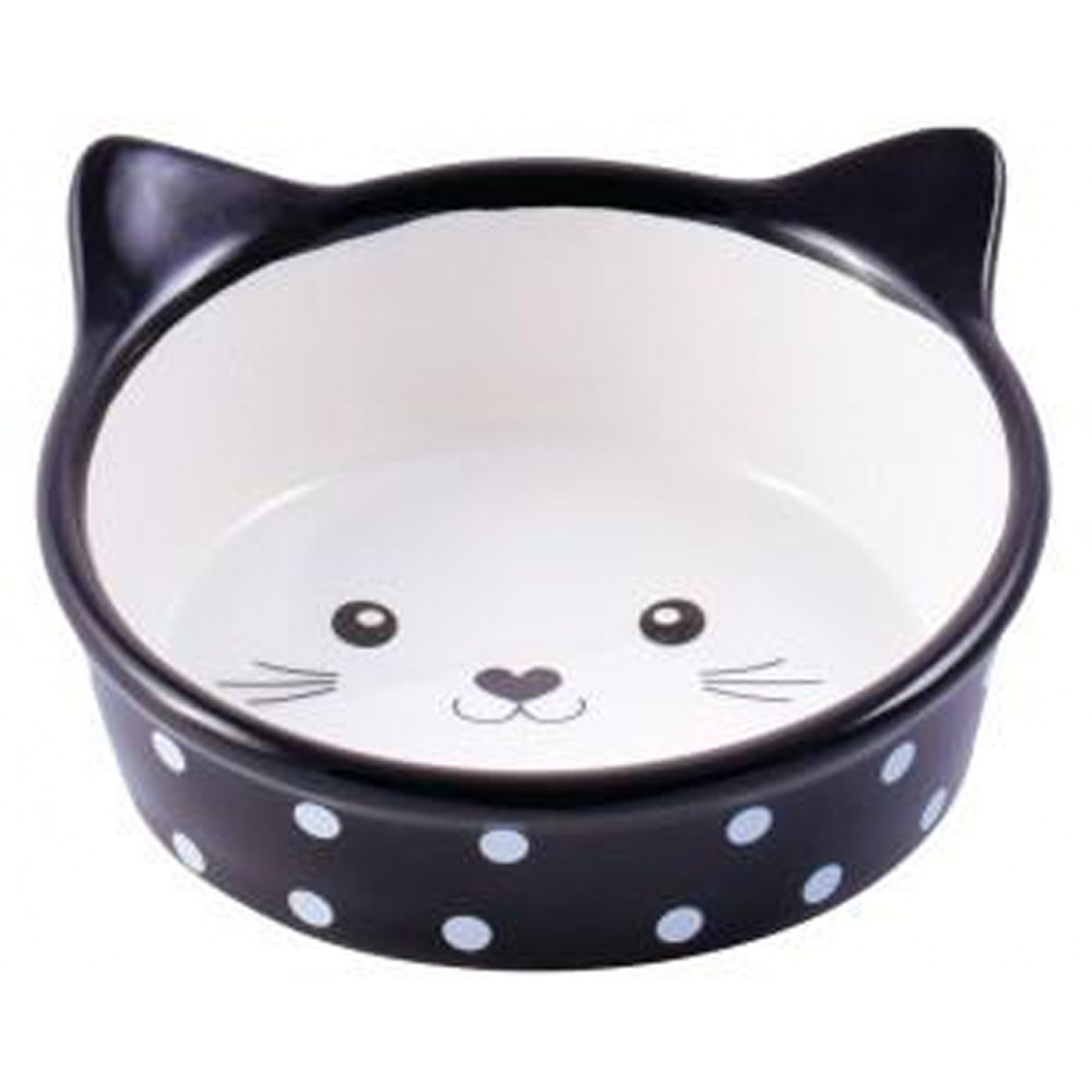 Mr.Kranch Миска керамическая для кошек Мордочка кошки 250 мл черная в горошек