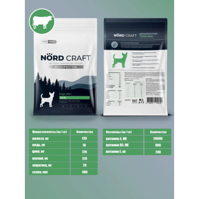 Nord Craft Monoprotein Сухой корм для взрослых собак малых пород с телятиной 500 гр