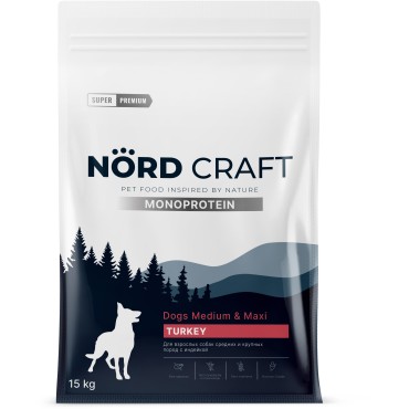 Nord Craft Monoprotein Сухой корм для взрослых собак средних и крупных пород с индейкой 15 кг