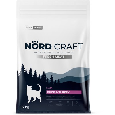 Nord Craft Fresh Meat Сухой корм для взрослых кошек с уткой и индейкой 1.5 кг