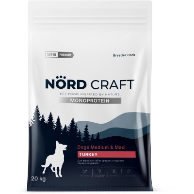 Nord Craft Breeder Monoprotein Сухой корм для взрослых собак средних и крупных пород с индейкой 20 кг
