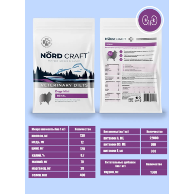 Nord Craft Dogs Mini Renal Ветеринарная диета для собак мелких пород для поддержания функции почек и ХБП 1.5 кг