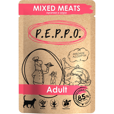P.E.P.P.O. Консервированный корм для взрослых кошек кусочки в соусе с мясным ассорти 85 гр.