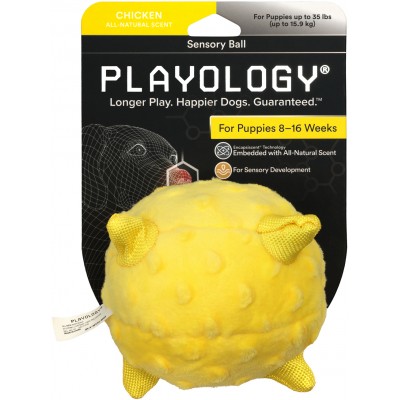 Сенсорный плюшевый мяч Playology PUPPY SENSORY BALL 11 см для щенков мелких и средних пород 8-16 недель с ароматом курицы, цвет желтый