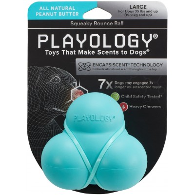 Playology жевательный тройной мяч SQUEAKY BOUNCE BALL для собак средних и крупных пород с пищалкой и с ароматом арахиса, цвет голубой