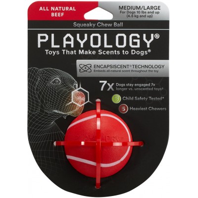 Playology  жевательный мяч SQUEAKY CHEW BALL 6 см для собак мелких и средних пород с пищалкой и с ароматом говядины, цвет красный