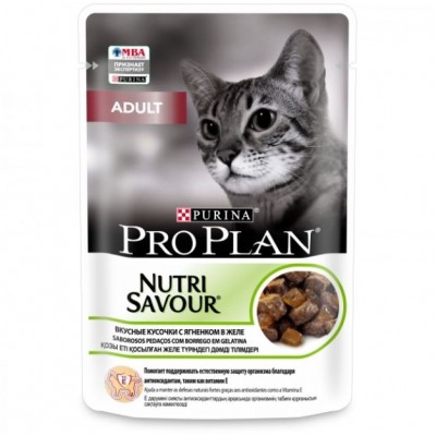Pro Plan Nutri Savour Влажный корм для взрослых кошек кусочки с ягненком в желе, пауч 85 гр.