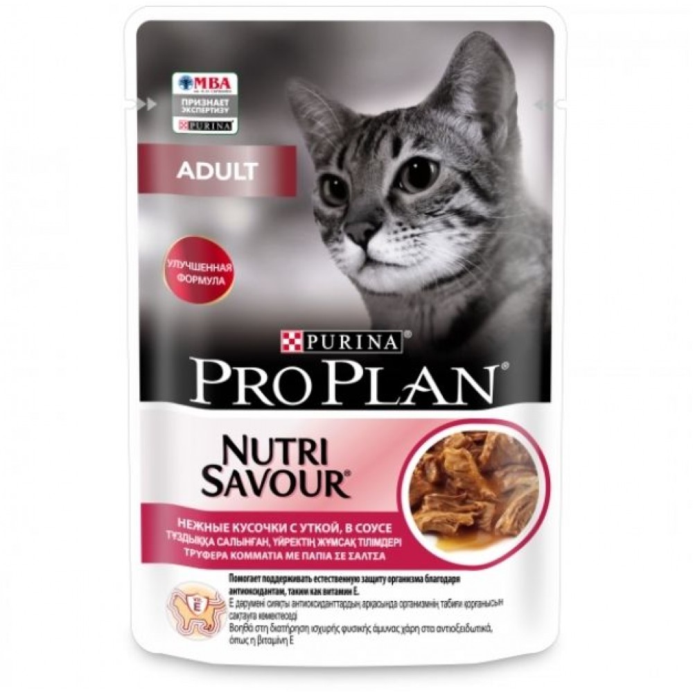 Pro Plan Nutri Savour Влажный корм для взрослых кошек нежные кусочки с уткой в соусе, пауч 85 гр.