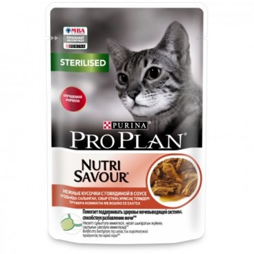 "Груше" Pro Plan Nutri Savour Влажный корм для взрослых стерилизованных кошек и кастрированных котов с говядиной в соусе, пауч 85 гр.