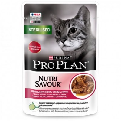 Pro Plan Nutri Savour Влажный корм для взрослых стерилизованных кошек и кастрированных котов с уткой в соусе, пауч 85 гр.
