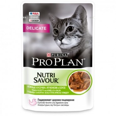 Pro Plan Nutri Savour Влажный корм для взрослых кошек с чувствительным пищеварением или особыми предпочтениями в еде с ягненком в соусе, пауч 85 гр.