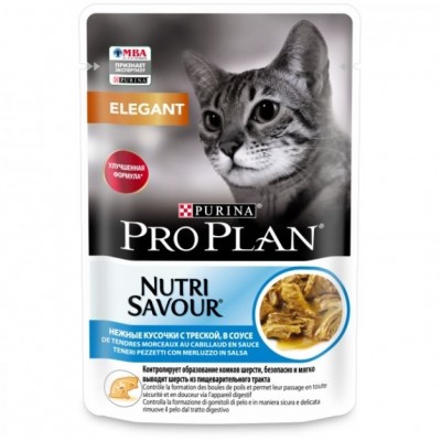 Pro Plan Nutri Savour Влажный корм для взрослых кошек с чувствительной кожей нежные кусочки с треской в соусе, пауч 85 гр.