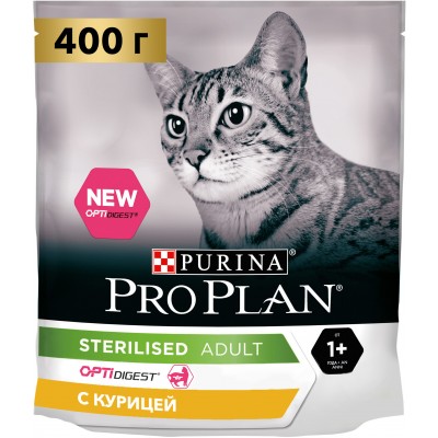Purina Pro Plan Корм для стерилизованных кошек и кастрированных котов старше 1 года с высоким содержанием курицы 400 гр.