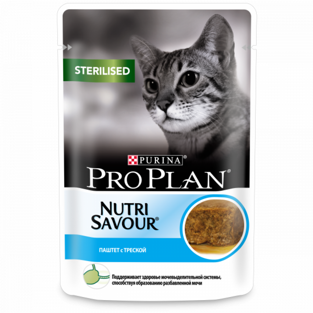 Purina Pro Plan NutriSavour Влажный корм для взрослых стерилизованных кошек паштет с треской, пауч 85 гр.