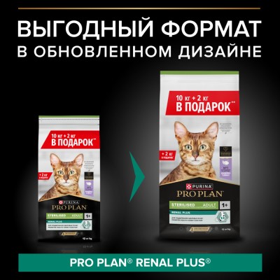 PRO PLAN® Сухой корм для стерилизованных кошек и кастрированных котов с высоким содержанием индейки 10 кг + 2 кг в подарок