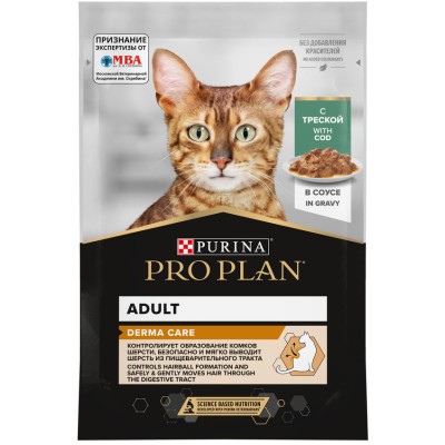 PRO PLAN® DERMA CARE Влажный корм для взрослых кошек для здоровья кожи и красоты шерсти с треской в соусе 85гр