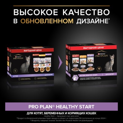 PRO PLAN® HEALTHY START Влажный корм для котят с говядиной в соусе, с индейкой в соусе и с курицей в желе 85 гр х 10 шт.