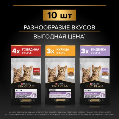 PRO PLAN® HEALTHY START Влажный корм для котят с говядиной в соусе, с индейкой в соусе и с курицей в желе 85 гр х 10 шт.