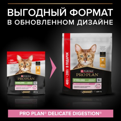 PRO PLAN® DELICATE DIGESTION Сухой корм для взрослых стерилизованных кошек с чувствительным пищеварением с высоким содержанием курицы 400 г + 200 г