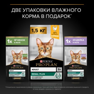 PRO PLAN® RENAL PLUS Сухой корм для взрослых кошек с курицей 1.5 кг + Влажный корм PRO PLAN® MAINTENANCE для кошек с ягненком и индейкой 85 гр