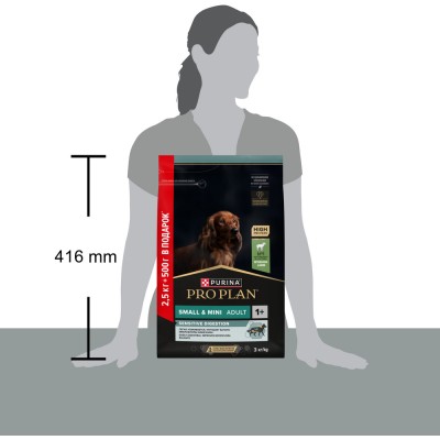 PRO PLAN® Сухой корм для взрослых собак мелких и карликовых пород с чувствительным пищеварением с высоким содержанием ягненка 2.5 кг + 500 г в подарок